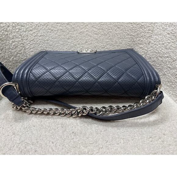 Chanel Boy Bag Medium Perforated Navy Blue Calfskin Leather with Silver Hardware - Picture 5 of 8